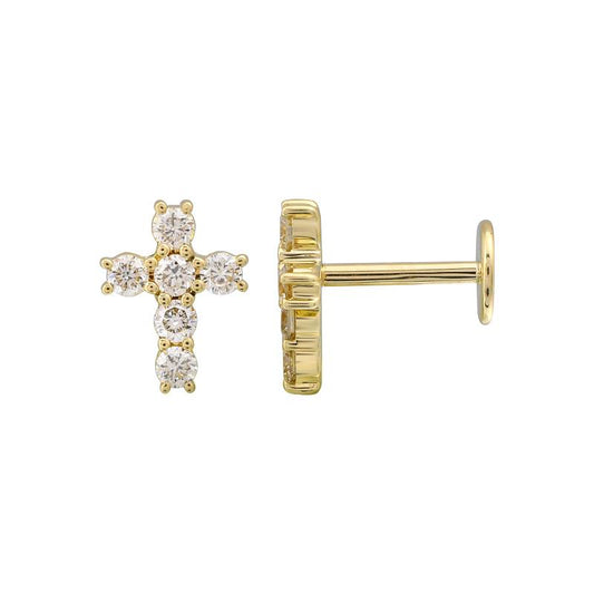 14k Yellow Gold Diamond Cross Flat Back Earrings .25ctw
