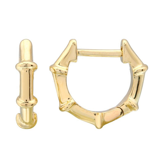 14k Yellow Solid Gold Bamboo Huggie Earrings 11mm