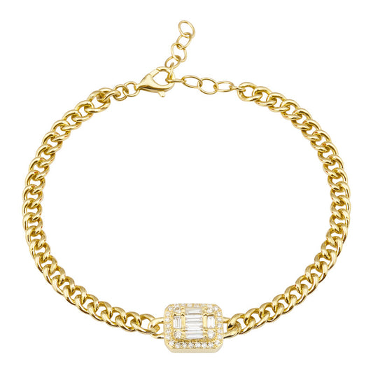 14k Yellow Gold Illusion Emerald Diamond Halo Cuban Link Bracelet .30ctw