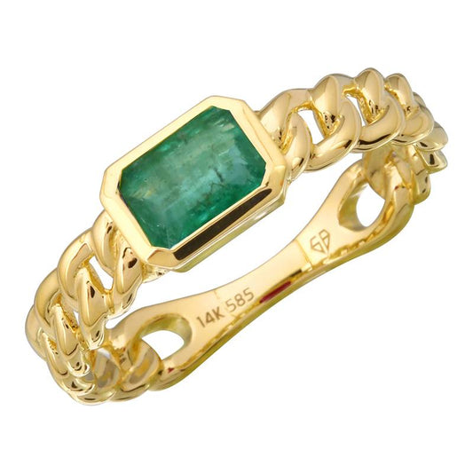 14k Yellow Gold Emerald Bezel Cuban Link Ring