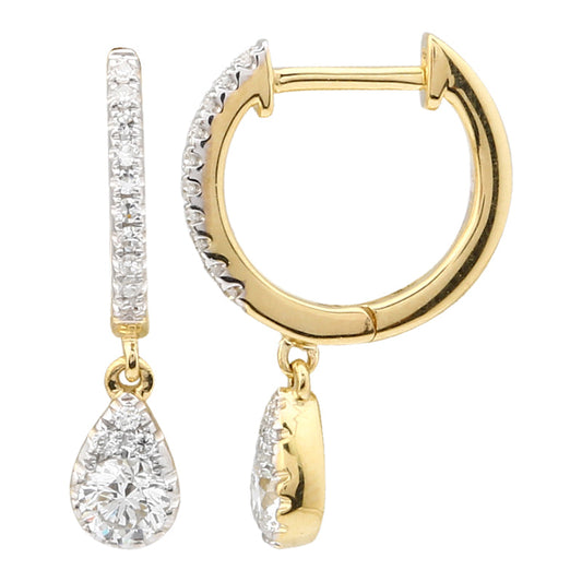14k Yellow Gold Pear Shape Dangling Diamond Huggie Earrings