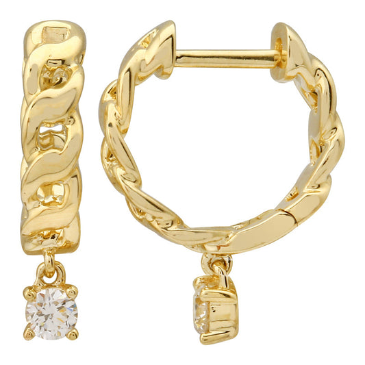 14k Yellow Gold Floating Dangling Diamond Link Huggie Earrings 12mm