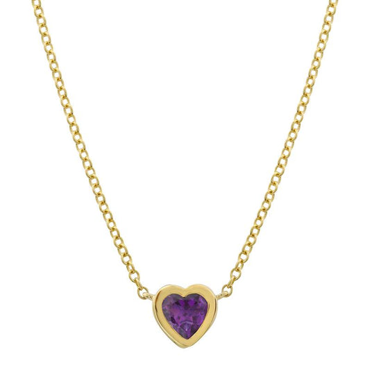 14k Yellow Gold Bezel Set Mini Heart Amethyst Necklace