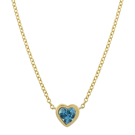 14k Yellow Gold Bezel Set Mini Heart Blue Topaz Necklace