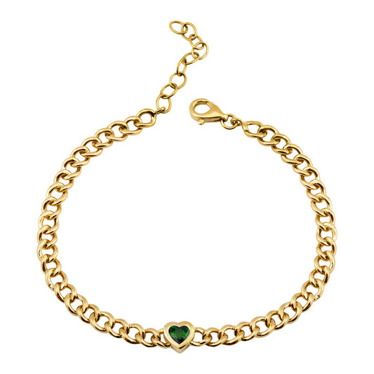 14k Yellow Gold Emerald Heart Bezel Cuban Link Bracelet