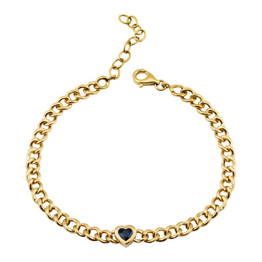 14k Yellow Gold Sapphire Heart Bezel Cuban Link Bracelet