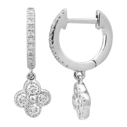 14k White Gold Dangling Diamond Clover Huggie Earrings