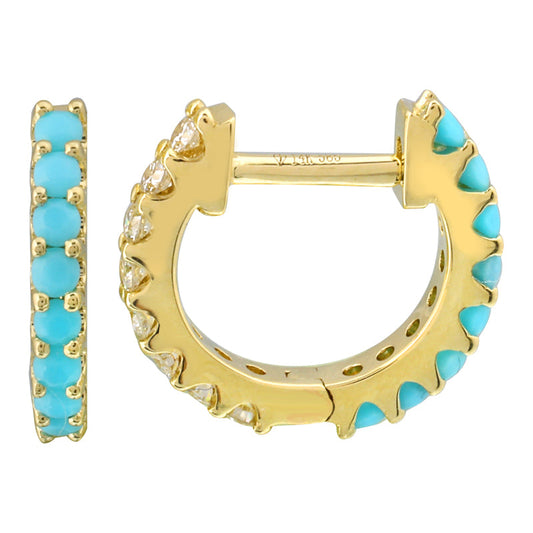 14k Yellow Gold Half Turquoise & Diamond Eternity Huggie Earrings 11mm