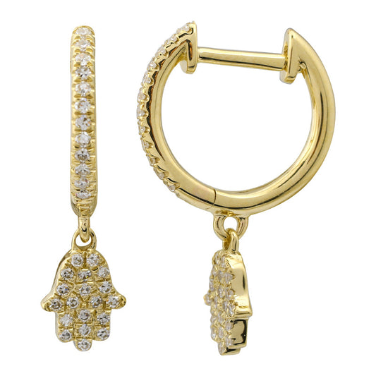 14k Yellow Gold Dangling Hamsa Diamond Huggie Earrings