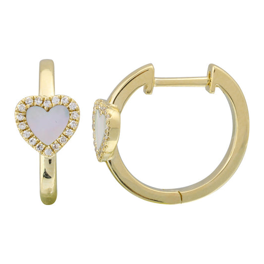14k Yellow Gold Mother of Pearl Heart Huggie Earrings 14mm
