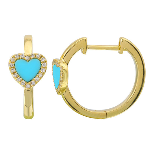 14k Yellow Gold Turquoise Heart Huggie Earrings 14mm
