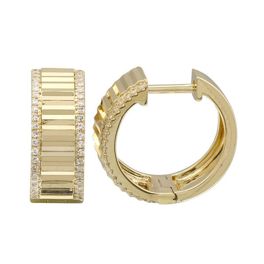 14k Yellow Gold Fluted Diamond Border Wide Huggie Earrings 15mm