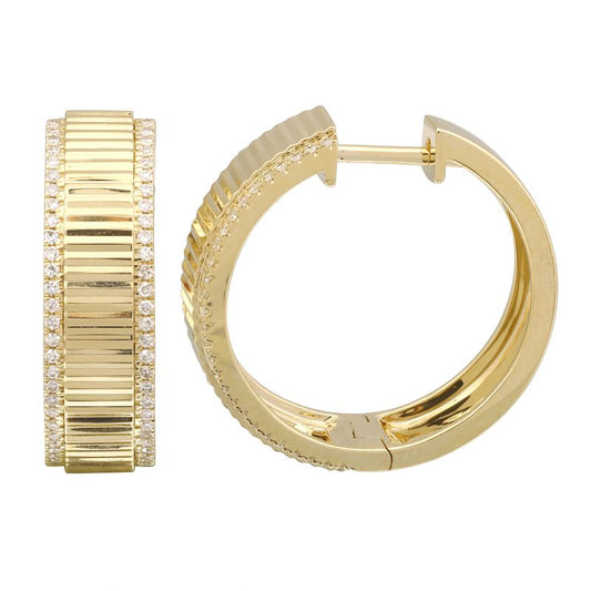 14k Yellow Gold Diamond Border Fluted Hoop Earrings 20mm