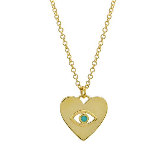 14k Yellow Gold Evil Eye In Heart Turquoise Necklace