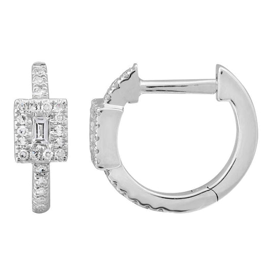 14k White Gold Baguette Halo Diamond Huggie Earrings 11mm