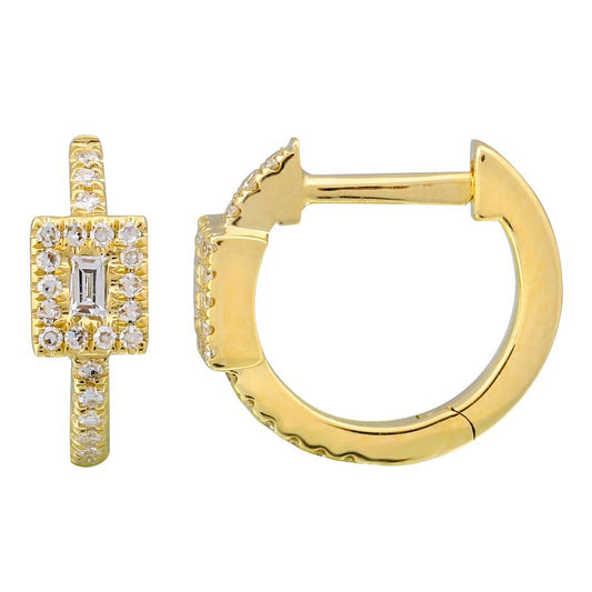 14k Yellow Gold Baguette Halo Diamond Huggie Earrings 11mm