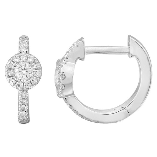 14k White Gold Diamond Halo Huggie Earrings 11mm