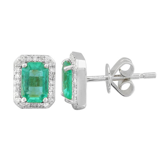 14k White Gold Emerald Diamond Halo Stud Earrings