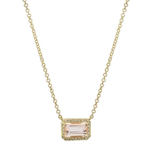 14k Yellow Gold Morganite Diamond Halo Necklace
