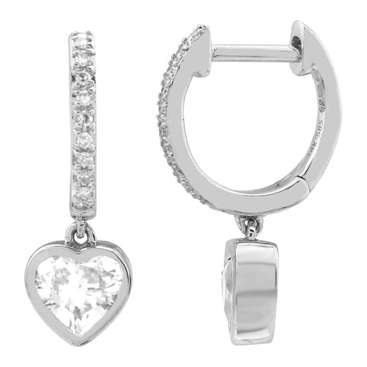 14k White Gold Dangling Heart Bezel Diamond Huggie Earrings