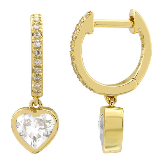 14k Yellow Gold Dangling Heart Bezel Diamond Huggie Earrings