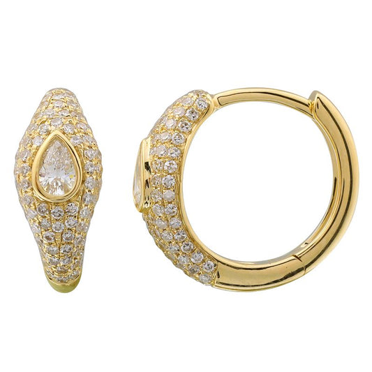 14k Yellow Gold Pear Bezel Inlay Pave Diamond Huggie Earrings 12mm