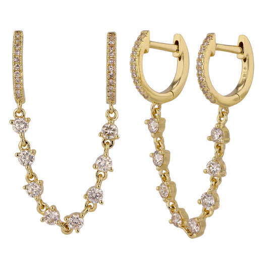 14k Yellow Gold Double Huggie Diamond Chain Earrings