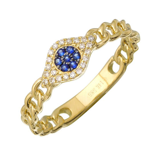 14k Yellow Gold Diamond Evil Eye Cuban Link Ring