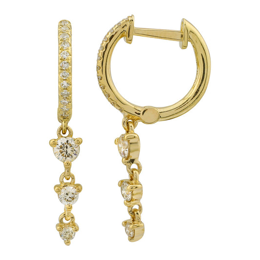 14k Yellow Gold Dangling Diamonds Huggie Earrings