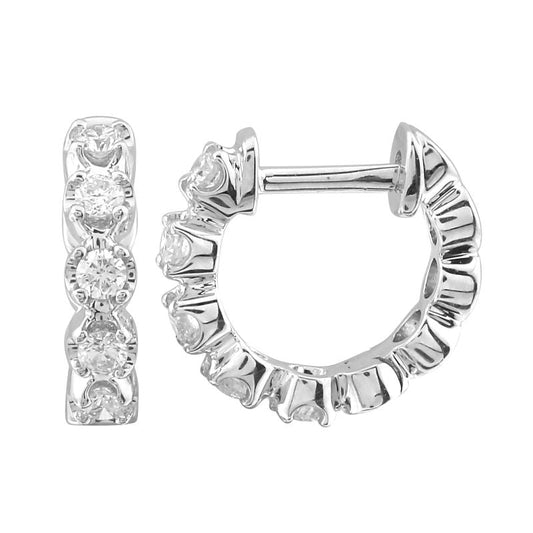 14k White Gold Crown Prong Diamond Huggie Earrings 11mm