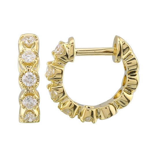 14k Yellow Gold Crown Prong Diamond Huggie Earrings 11mm