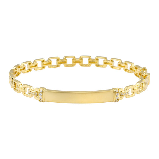 14k Yellow Gold Satin Diamond ID Bar Link Bangle