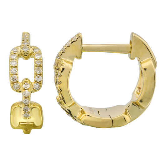 14k Yellow Gold Rectangle Diamond Link Huggie Earrings 11mm
