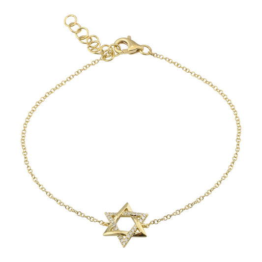 14k Yellow Gold Star of David Diamond Chain Bracelet