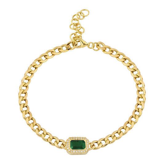 14k Yellow Gold Emerald Diamond Halo Cuban Link Bracelet