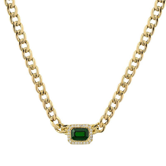 14k Yellow Gold Emerald Diamond Halo Cuban Link Choker Necklace .60ctw