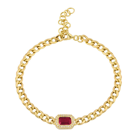 14k Yellow Gold Ruby Diamond Halo Cuban Link Bracelet