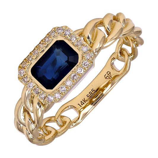 14k Yellow Gold Sapphire Diamond Halo Cuban Link Ring