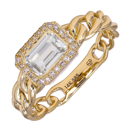 14k Yellow Gold Emerald Cut White Topaz Diamond Cuban Link Ring