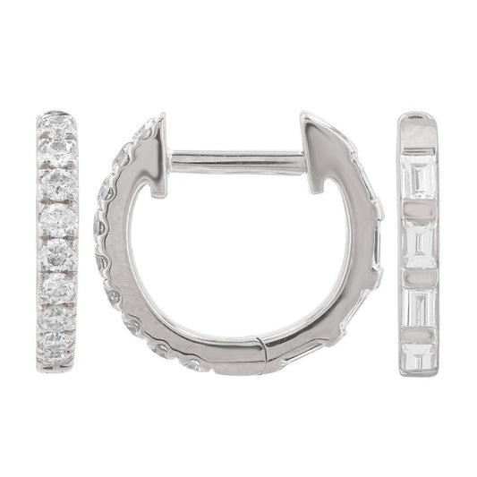 14k White Gold Half Round & Baguette Diamond Eternity Huggie Earrings 11mm