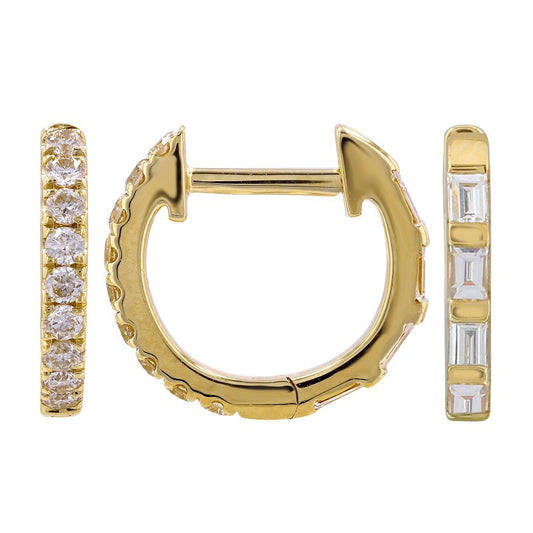 14k Yellow Gold Half Round & Baguette Diamond Eternity Huggie Earrings 11mm