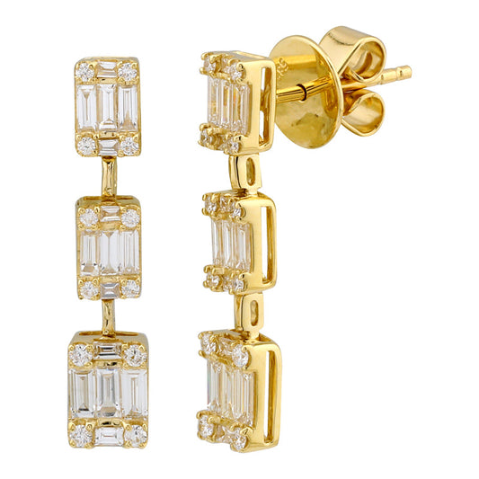 14k Yellow Gold Illusion Emerald Baguette Drop Diamond Earrings