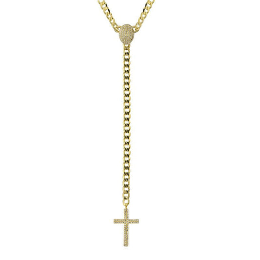 14k Yellow Gold Diamond Cross Cuban Link Lariat Necklace