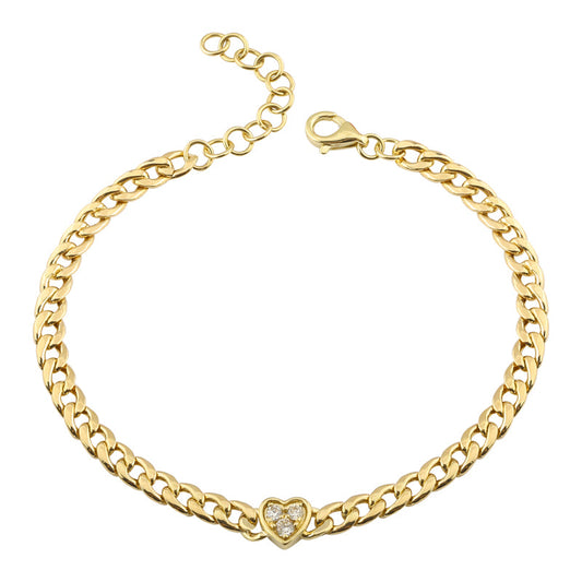 14k Yellow Gold Mini Heart Diamond Cluster Bezel Cuban Link Bracelet