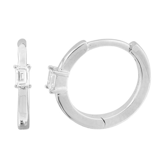 14k White Gold Baguette Inlay Diamond Huggie Earrings 11mm