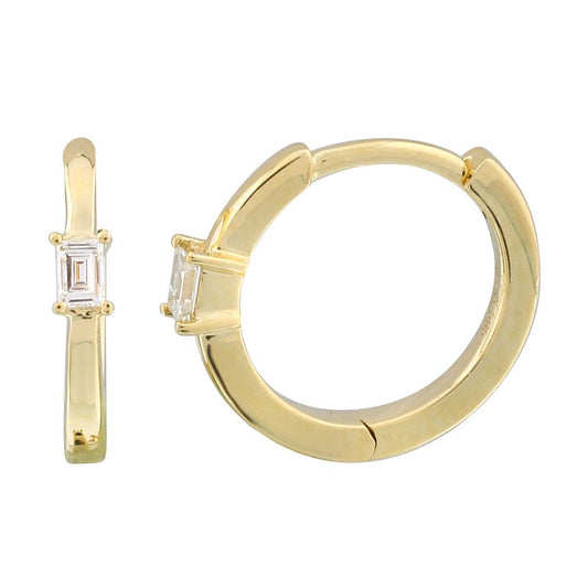 14k Yellow Gold Baguette Inlay Diamond Huggie Earrings 11mm