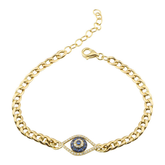 14k Yellow Gold Evil Eye Diamond Cuban Link Bracelet