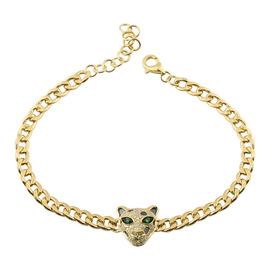 14k Yellow Gold Panther Diamond Cuban Link Bracelet