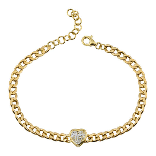 14k Yellow Gold White Topaz Heart Bezel Cuban Link Bracelet