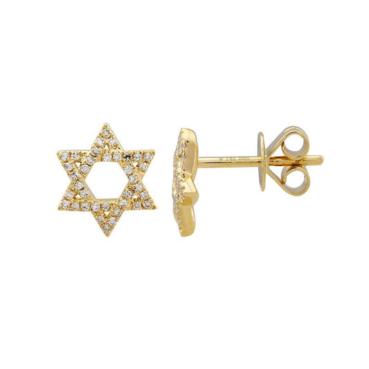 14k Yellow Gold Star of David Diamond Stud Earrings 10mm